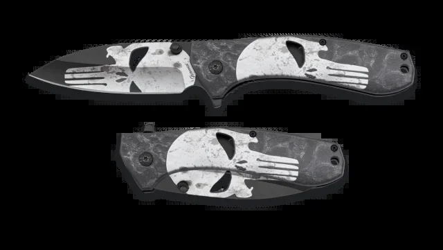 Navaja 3D Albainox, modelo calavera, sistema apertura FOS, hoja de 9 cm de acero inox, mango de aluminio