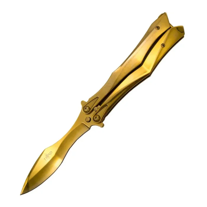 Navaja de abanico Third, hoja de 10,5 cm de acero 420, acabado dorado pulido brillante, mango de acero inox, largo total 23,1 cm, K2818D