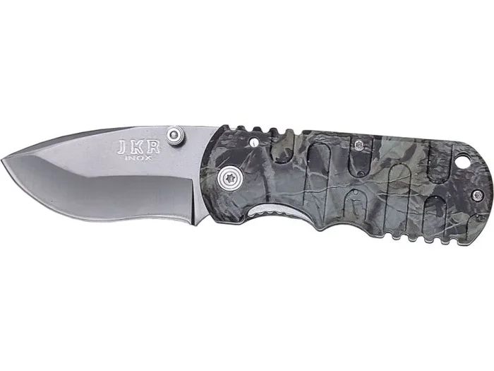 Navaja de bolsillo JKR con mango de aluminio camuflaje y hoja de 6,3 cm, largo total 15,2 cm, JKR473