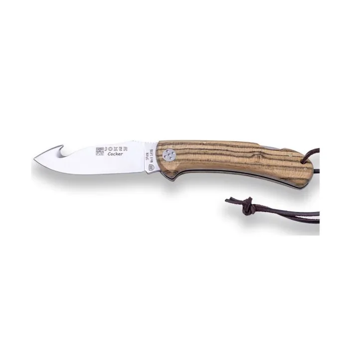 Navaja de caza desolladora Joker «Cocker» NB135 hoja de 9 cm, mango de madera bocote, cordón de cuero, herramienta de pesca, caza, camping y senderismo