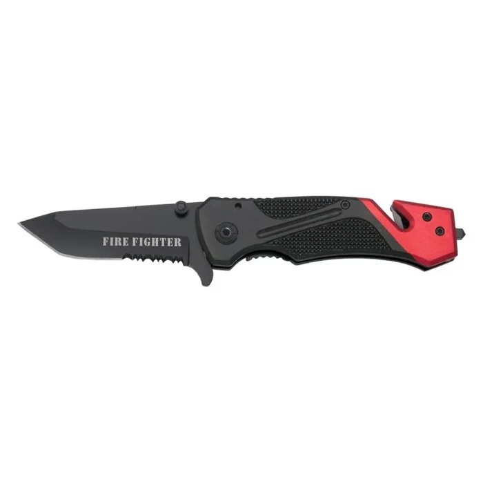 Navaja de rescate Third K2776RDS, mango de aluminio Negro y Rojo, Hoja de 9.5cm con sierra y cutter en el mango, con punta rompe-vidrio. Incluye funda.