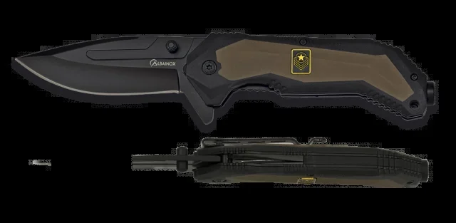 Navaja , Martinez Albainox color Coyote / Negra con sistema FOS, Hoja de acero inoxidable de 9 cm con clip y caja a color 18254-A