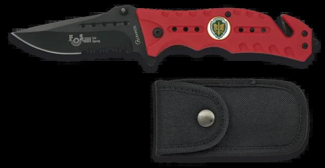 Navaja Martinez Albainox, con sistema de apertura » Fos», mango de fibra engomada, hoja de acero inoxidable de 8.6 cm , con Chapa. Incluye cutter, cinturón de seguridad, punta rompevidrio, presentada en caja a color 19664AGR1048