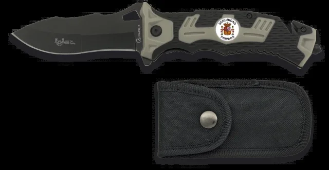 Navaja Martinez Albainox de color Gris, mango ABS-goma, sistema de apertura Fos, Sin Chapa Hoja de acero inoxidable de 9.1 cm . Incluye clip, punta rompevidrio, cutter cinturón de seguridad funda de nylon 19892AGR1055
