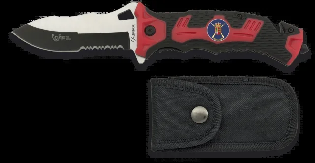 Navaja Martinez Albainox Roja, con mango ABS-goma, Sin Chapa, con sistema de Fos, hoja de acero inoxidable de 9.1 cm. Incluye punta rompevidrio, clip, cutter, cinturón de seguridad y funda de nylon 19893AGR1036
