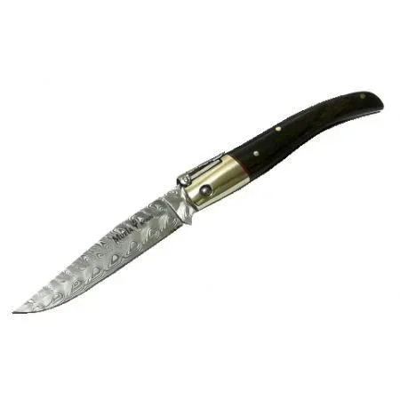 Navaja Muela PQ-9DAM de palanquilla, hoja de Acero de Damasco inox. Cachas granadillo y alpaca. Incluye estuche.
