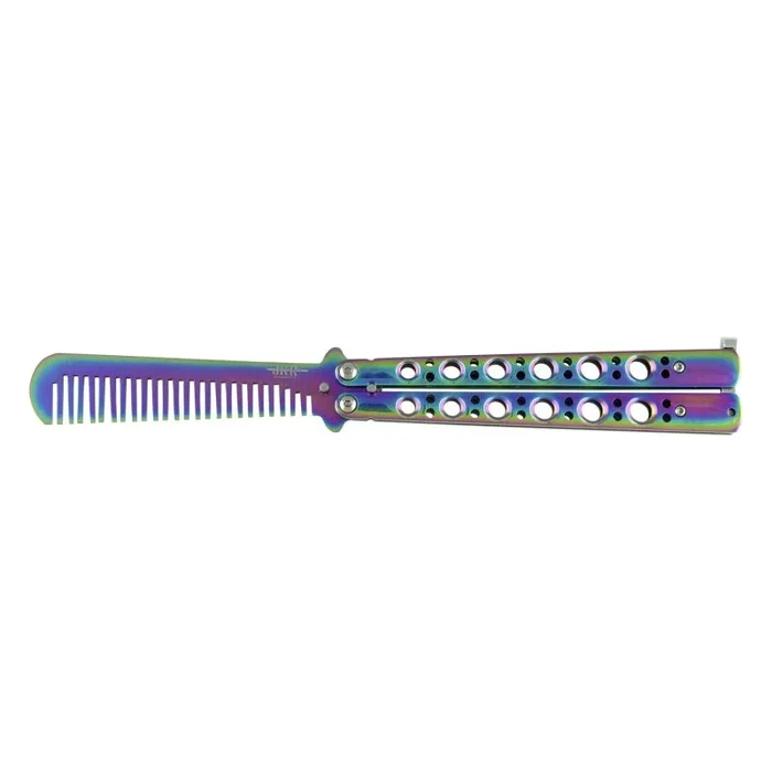 Navaja peine de Abanico, navaja con puño y hoja multicolor, Hoja Lacada de Acero de 10,5 cm, Mango de Acero, JKR702.