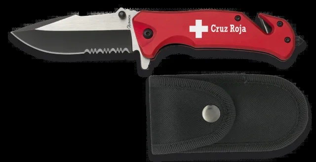 Navaja Táctica de Seguridad Martinez Albainox Roja con mango de aluminio y hoja de acero inoxidable de 8.3 cm. Incluye punta rompevidrio, cutter cinturón de seguridad y funda de nylon 19759GR273