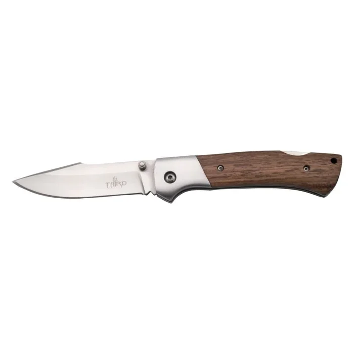 Navaja Third 106052, mango de madera con virola de acero inox, hoja de acero inox 420 de 9.6 cm. Con funda de nylon.
