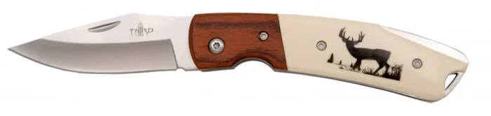 Navaja Third K2465LC, virola de madera, mango de ABS con decoración de ciervo, hoja de acero inox de 7,7 cm.