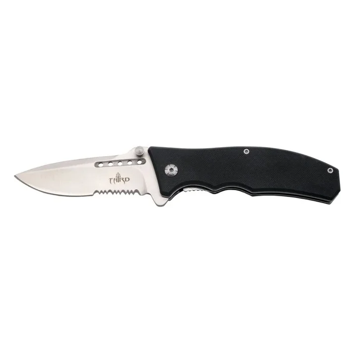 Navaja Third K2779BKS, Mango de G10 Negro, Hoja de acero inox 7Cr17MoV acabado satinado de 10,1 cm con sierra. Funda de alta calidad.