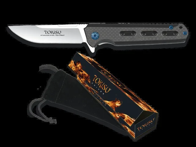 Navaja Tokisu, mango G10 y Fibra de Carbono, hoja de acero inox de 8,8 cm, apertura mediante rodamientos