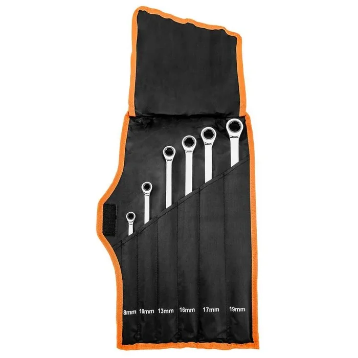 NEO TOOLS Juego de 6 llaves combinadas largas con carraca – 8-19 mm – Práctico juego de herramientas en funda suave – Uso versátil para profesionales y aficionados al bricolaje