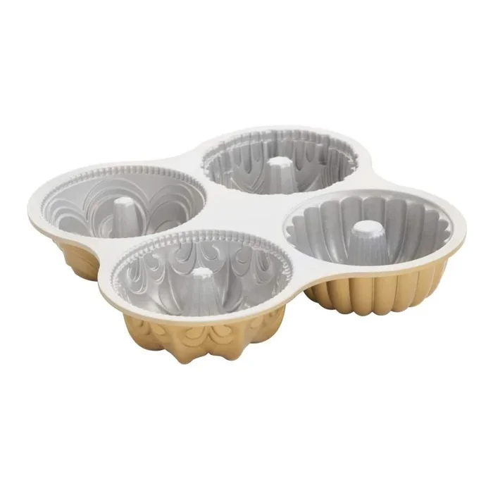 Nordic Ware Bundt Quartet – Molde de aluminio fundido original para 9 tazas, molde para tartas con múltiples diseños, fabricado en los Estados Unidos, color: dorado