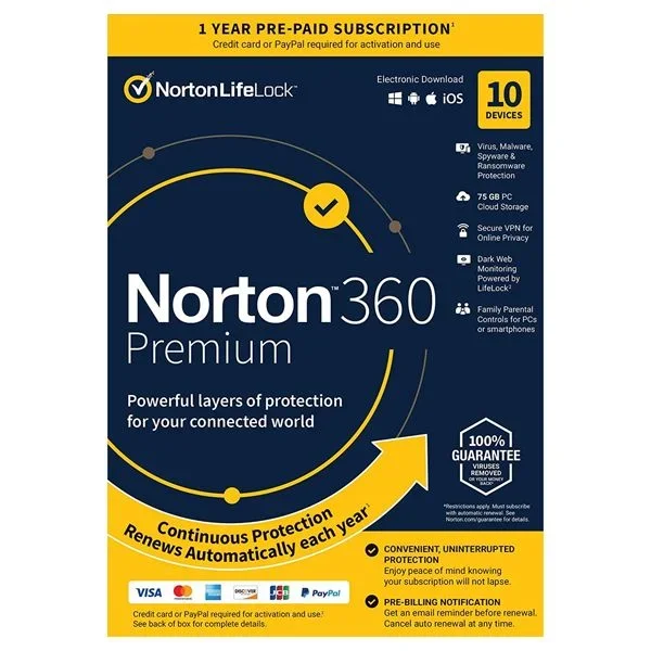 NORTON 360 PREMIUM 75GB PORTUGUES 1 USER 10 DEVICE 12MO BOX