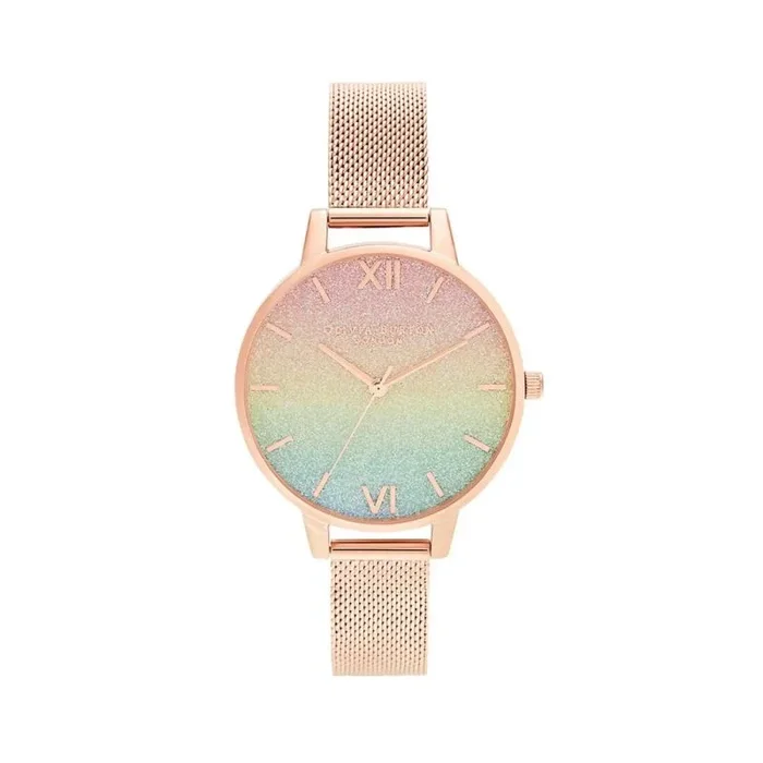Olivia Burton Reloj Analógico de Cuarzo para Mujer Colección Rainbow con Correa de Malla de Acero Inoxidable de Oro Rosa – OB16RB18
