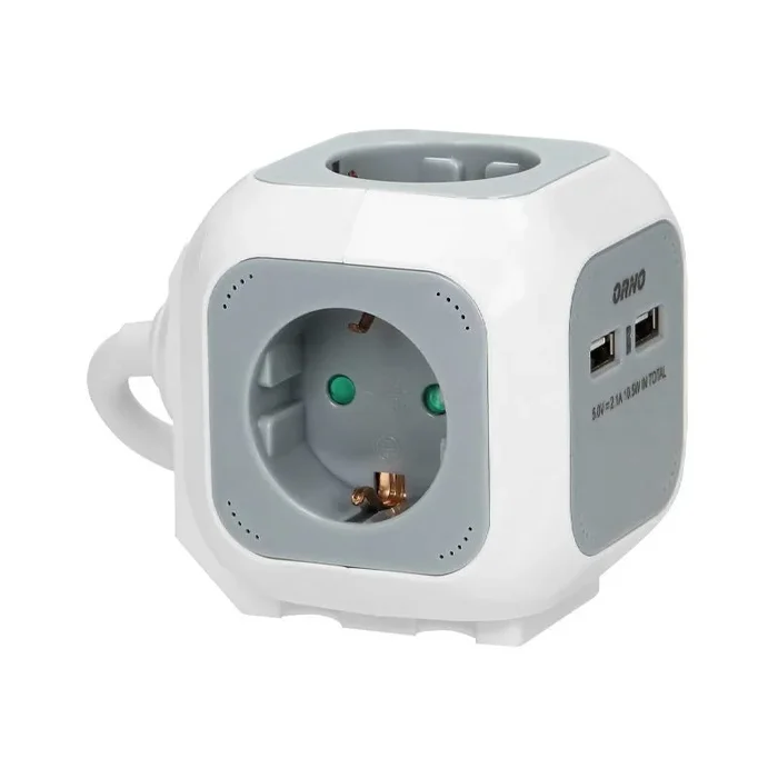 ORNO AE-13144(GS) Regleta Cube Schuko 2 x Cargador USB 1.4m H05VV-F 3×1.5mm2 (Gris Blanco)