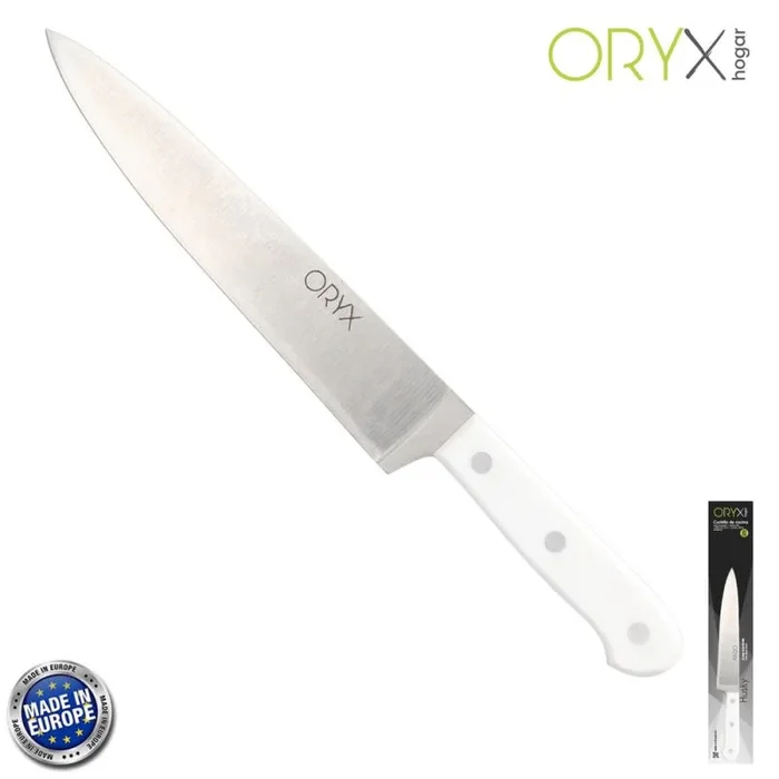 ORYX Cuchillo Husky Cocina 20 cm. Hoja Acero Inoxidable, Cuchillo Carne, Cuchillo Pescado, Cuchillo Chef, Mango Ergonomico Blanco