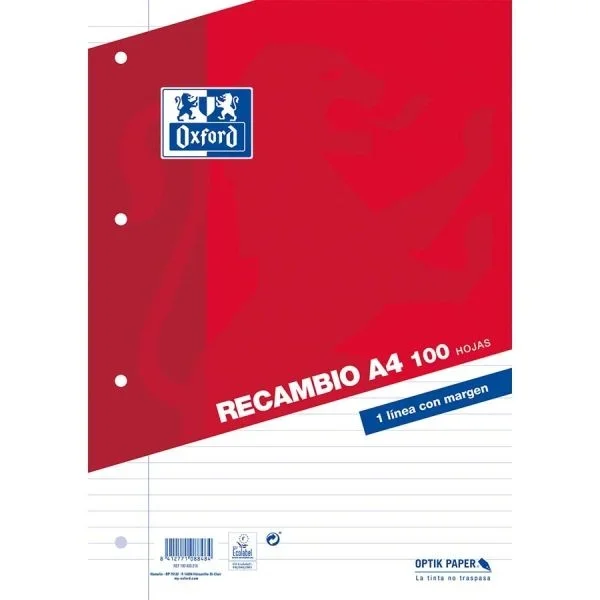 Oxford classic recambio de 100 hojas sueltas a4 1 linea horizontal con margen 4 taladros