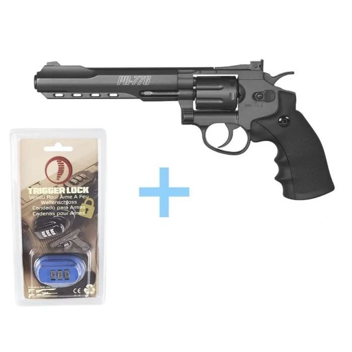 Pack Revolver aire comprimido (CO2) Gamo PR-776 / Full Metal, Revolver co2, cañón de 6″, potencia de 3 Julios, alza regulable, mira abierta, Gamo 4,5 mm + Candado de Seguridad Yatek.
