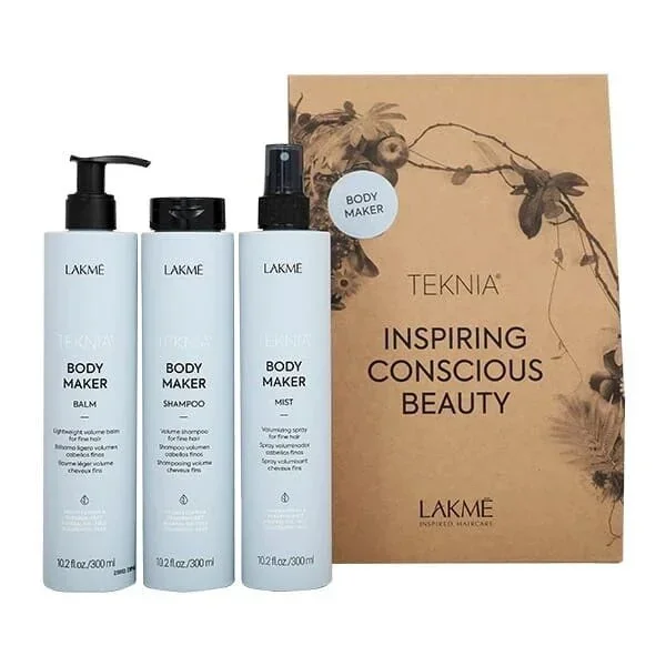 PACK TRES ESENCIALES PARA VOLUMEN CABELLOS FINOS BODY MAKER TEKNIA LAKME TEKNIA Body Maker pack contiene: Champú Body Maker 300ml + Acondicionador Body Maker 300ml + Spray de volumen Body Maker 300ml.