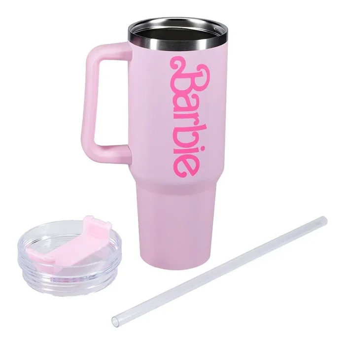 Paladone Barbie – Botella H2O con licencia oficial con logotipo rosa, vaso aislado al vacío de acero inoxidable con tapa y popote para agua, té helado o café