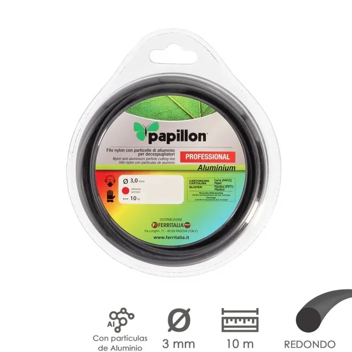 PAPILLON Hilo Nylon y Aluminio Desbrozadoras Redondo Professional Ø 3,0 mm. Rollo 10 metros. Hilo Nylon Corte Hierba, Jardin, Maleza