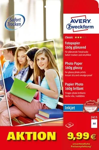 Paquete 40 hojas papel a4 fotográfico ultra brillante 160g para inkjet avery