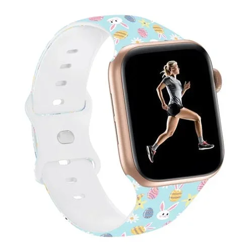 Para Apple Watch Se 2023 Correa de Reloj de Silicona con Estampado de Pascua y Hebilla de Mariposa de 44mm (Huevos de Pascua Azules)