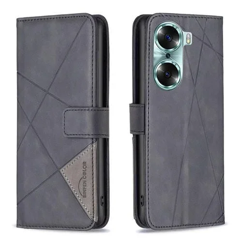 Para Honor 60 Rombus Textura Hebilla magnética Horizontal Flip Flip Cuero Case (negro)