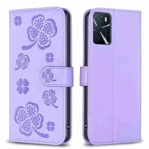 Para Oppo A16 / A16S / A54S Funda para Teléfono de Cuero con Relieve de Cuatro Hojas (Púrpura)