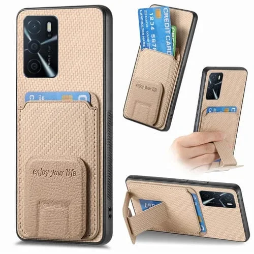 Para Oppo A16 Funda para Teléfono con Soporte Plegable y Bolsa para Tarjetas de Fibra de Carbono (Caqui)