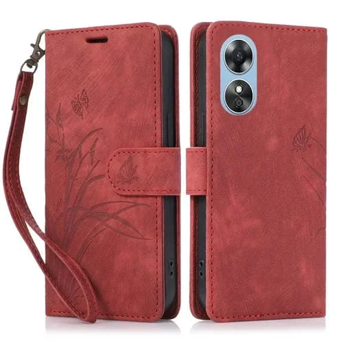 Para Oppo A17 / A17K Funda para Teléfono de Cuero con Relieve de Mariposa Orquídea (Rojo)