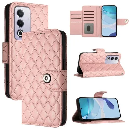 Para Oppo A3 Pro 5G Funda para Teléfono de Cuero con Tapa con Textura Rómbica Global y Cordón (Rosa Coral)