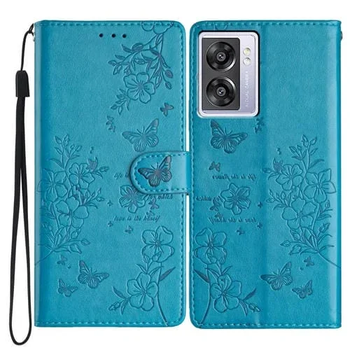 Para Oppo A57 4G / 5G / A77 5G Funda para Teléfono de Cuero con Relieve de Flor de Amor y Mariposa (Azul)