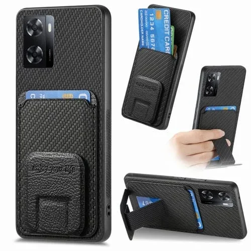 Para Oppo A57 4G Funda para Teléfono con Soporte Plegable y Bolsa para Tarjetas de Fibra de Carbono (Negro)