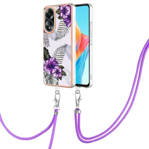 Para Oppo A58 4G Caja de Teléfono Imd TPU con Galvanoplastia con Cordón (Flor Púrpura)