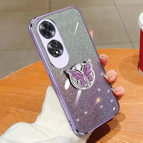 Para Oppo A60 Funda para Teléfono de TPU con Soporte de Mariposa con Brillo Degradado Plateado (Púrpura)