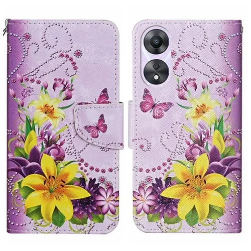 Para Oppo A78 4G Funda de Cuero para Teléfono con Patrón de Dibujo Coloreado (Mariposa de Flor Amarilla)