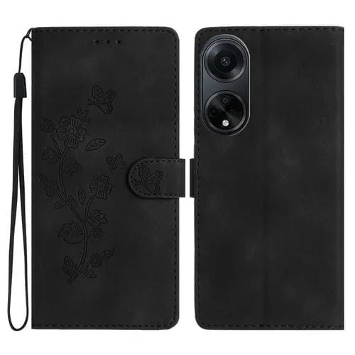 Para Oppo A98 5G Funda de Teléfono de Cuero con Patrón de Estampado de Mariposa y Flor (Negro)