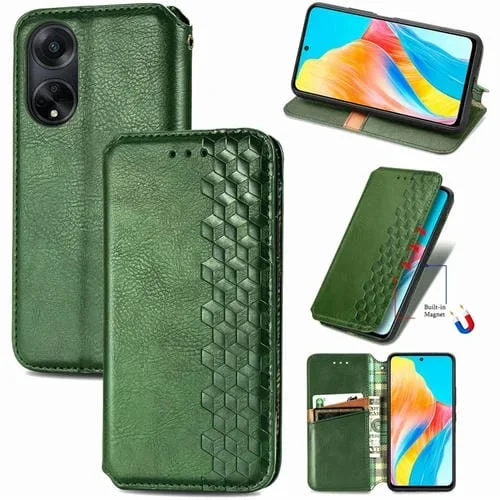 Para Oppo A98 Cubic Grid Funda de Teléfono de Cuero Magnético Prensado (Verde)