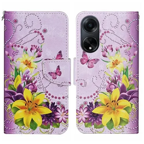 Para Oppo A98 Funda de Cuero para Teléfono con Patrón de Dibujo de Colores (Mariposa de Flor Amarilla)