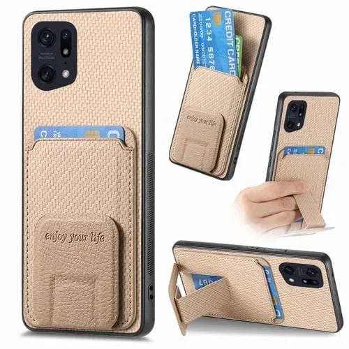 Para Oppo Find X5 Funda para Teléfono con Soporte Plegable y Bolsa para Tarjetas de Fibra de Carbono (Caqui)