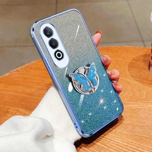 Para Oppo K12 Funda para Teléfono de TPU con Soporte de Mariposa con Brillo Degradado Plateado (Azul Sierra)