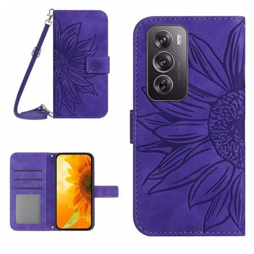 Para Oppo Reno 12 5G Global Skin Feel Funda para Teléfono de Cuero con Tapa En Relieve de Girasol y Cordón (Púrpura Oscuro)