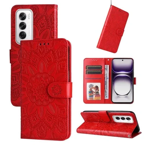 Para Oppo Reno12 5G Funda de Teléfono de Cuero con Girasol En Relieve Global (Rojo)