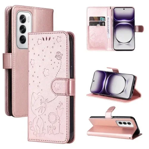 Para Oppo Reno12 5G Global Cat And Bee Funda de Cuero con Tapa En Relieve (Oro Rosa)