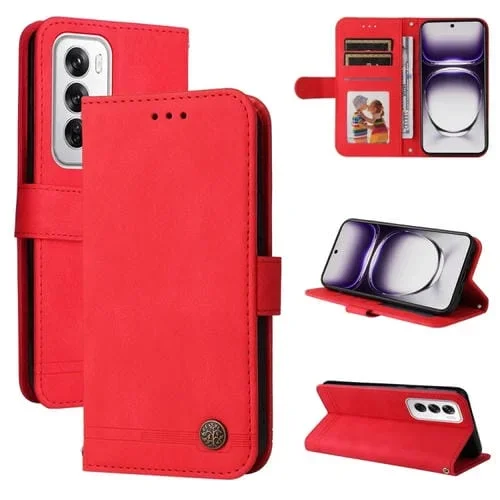 Para Oppo Reno12 5G Global Skin Feel Life Tree Funda de Cuero para Teléfono con Botón de Metal (Rojo)