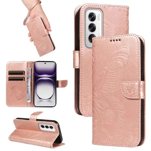 Para Oppo Reno12 5G Global Swallowtail Butterfly Funda de Cuero En Relieve para Teléfono (Oro Rosa)