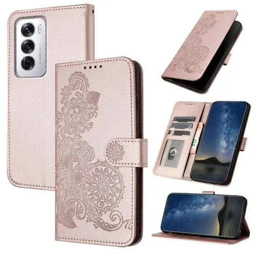 Para Oppo Reno12 Global Datura Flower Funda de Cuero con Tapa En Relieve (Oro Rosa)